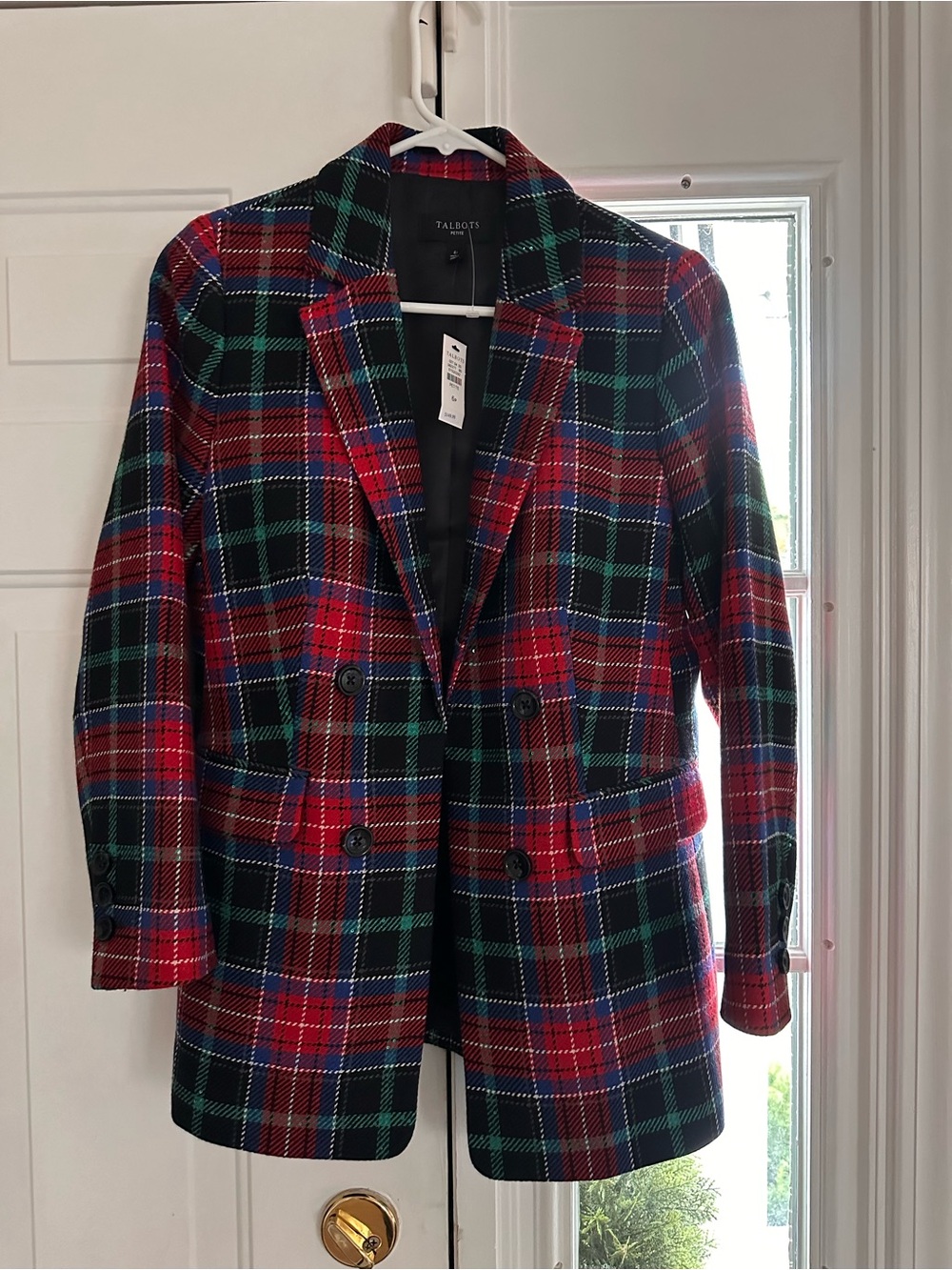 Talbots Red, Green & Navy Plaid Double-Breasted Blazer 6